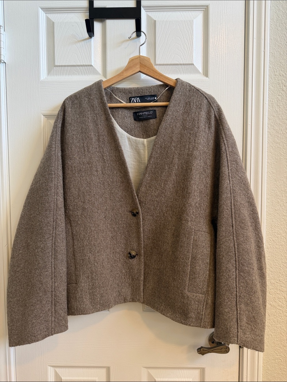 Zara Taupe Boxy Wool-Blend Pea Coat